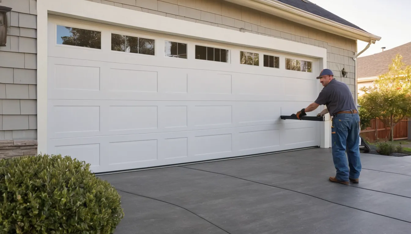 A provider fitting a new garage door on a home in the Brunswick area