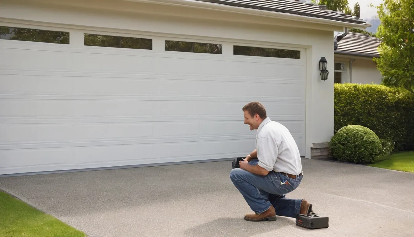 A friendly local garage door provider checking the track of a residential garage door with a homeowner in the Brunswick area